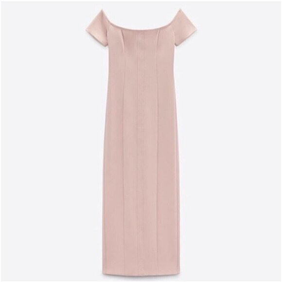Zara Off the Shoulder Bodycon Midi Dress XSMALL Baby Light Pink Topstitched - Picture 12 of 15